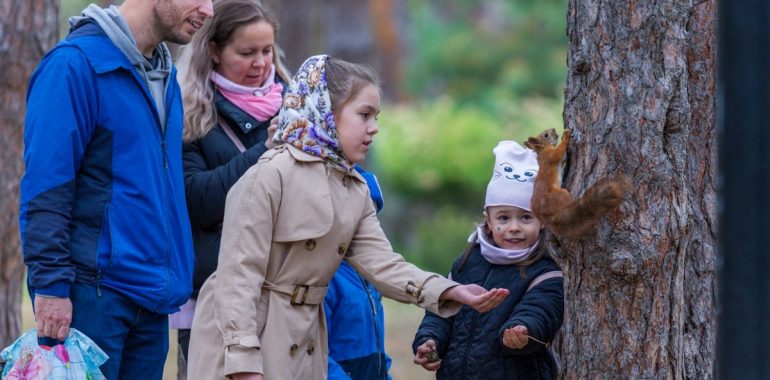 Family feeding a squirrel in a forest